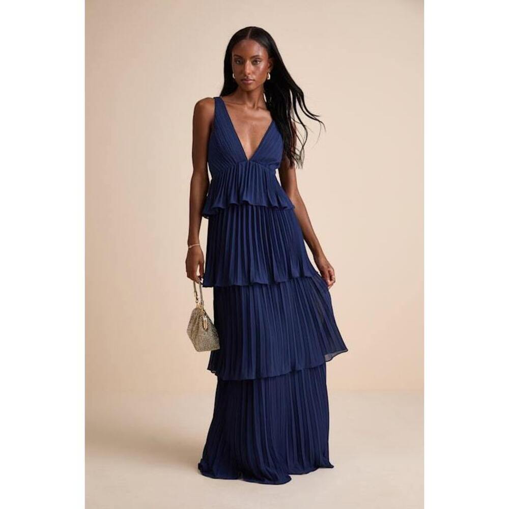 NWT Lulus Mesmerizing Essence Navy Pleated Backless Tiered Maxi Dress - Size L